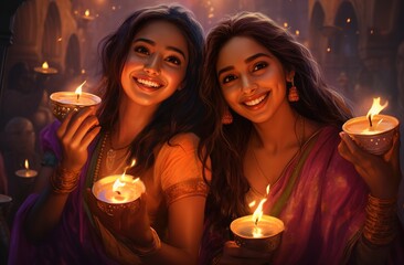 Obraz na płótnie Canvas a group of female people with lit fire urns sitting around