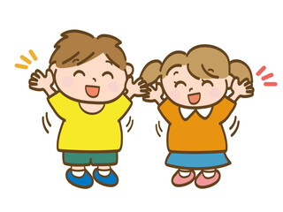 バンザイして大喜び_ハイタッチする男の子と女の子_小学生低学年_幼児