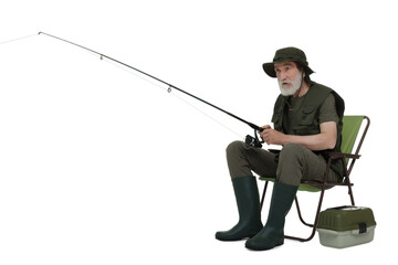 Fisherman with rod and tackle box on chair on white background