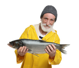 Fisherman with caught fish isolated on white