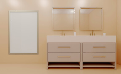 Clean and fresh bathroom with natural light. 3D rendering.. Mockup.   Empty paintings