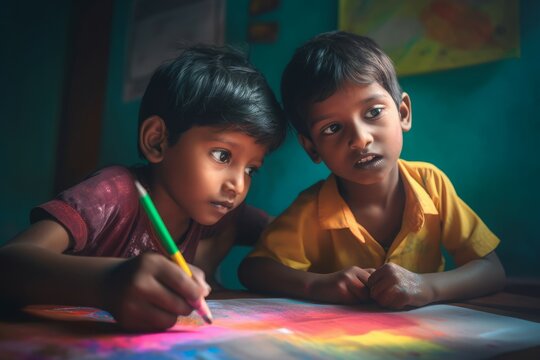Indian kindergarten kids. Children development preschool education system. Generate ai