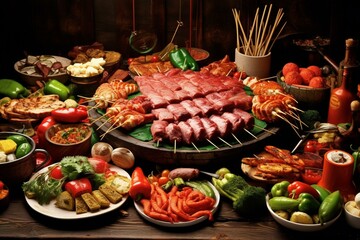 A collection of diverse barbecued meat and fresh vegetables. Generative AI - obrazy, fototapety, plakaty