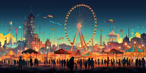 Vibrant city night scene with colorful ferris wheel and vibrant cityscape. - obrazy, fototapety, plakaty