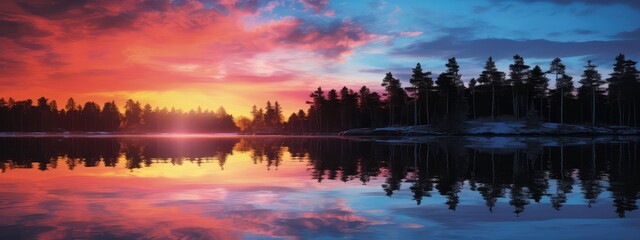 Tranquil lakeside at dusk photo realistic illustration - Generative AI.