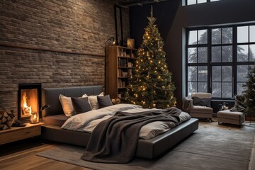 A beautifully decorated Christmas bedroom with a cozy festive atmosphere, a glowing tree and a fireplace. - obrazy, fototapety, plakaty