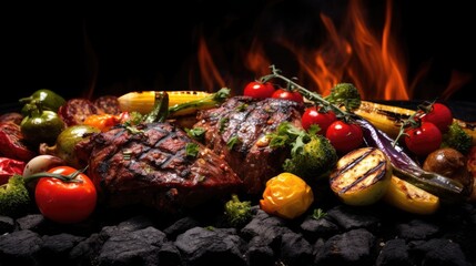 Perfectly charred meats bar-b-q flame grilled beef or pork meat and colorful grilled cherry tomatoes veggies and fire on the background