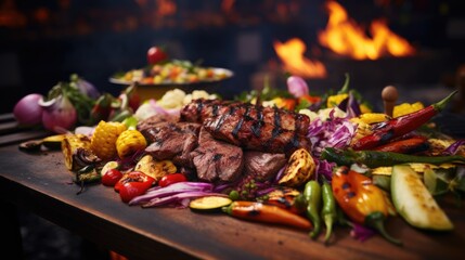 Naklejka premium A vibrant commercial photo of a perfectly charred meats and colorful grilled veggies