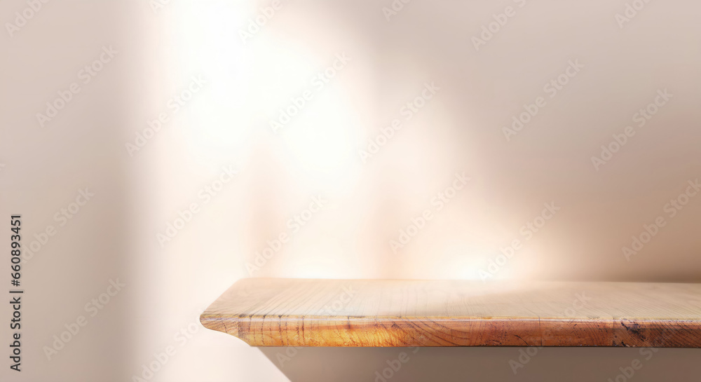 Poster versatile simple beige light background for presentation with a wooden shelf on the wall.