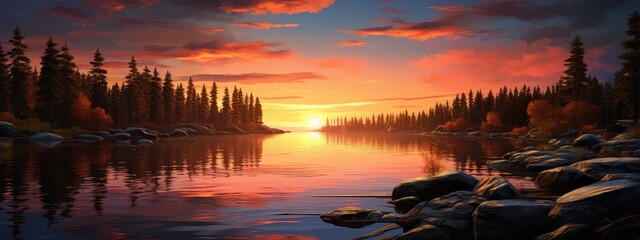 Obraz premium Tranquil lakeside at dusk photo realistic illustration - Generative AI.