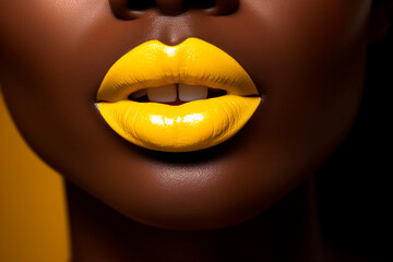 Beautiful fashion black woman with yellow color lips, close-up, black skin