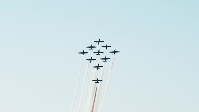 Tricolor Arrows Planes acrobatic with shite smoke climb in the air