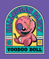 Halloween Party with Voodoo Doll. Spooky Horror Cartoon On Art Deco Illustration Style.
