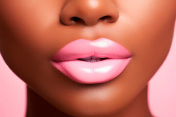 Obraz premium Beautiful black skin woman with pink lips, fashion make up eyeshadow, on pink background