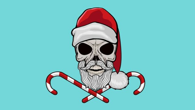 cartoon animation, Xmas sign with skull in hat of Santa Claus