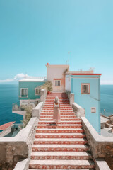 Photography created with AI. Image of a girl in a dress walking down a staircase with stunning views of the Mediterranean Sea.