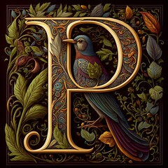 P as an illuminated letter using various birds hyperdetailed rich colors intricate beautiful Norman style 