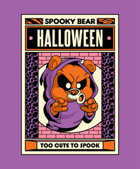 Spooky Bear Halloween. Spooky Horror Cartoon On Art Deco Illustration Style.