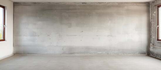 Unrenovated living room in a new apartment building with concrete walls floor and ceiling lacking plaster With copyspace for text