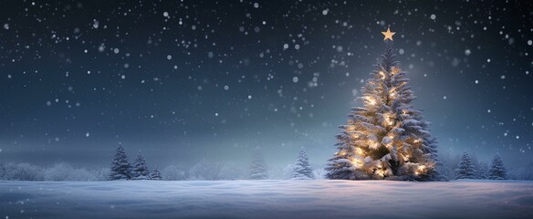 Enchanting snowy night background, highlighting a majestic fir tree decorated with shimmering...