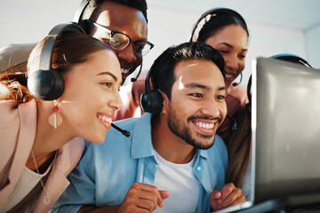 Call center, manager and reading on computer for news of sales, success and excited for online...