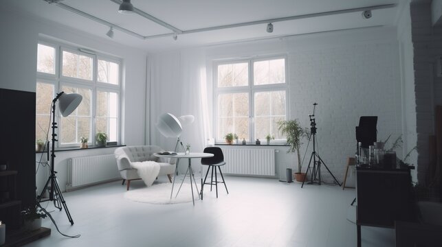 Urban and minimalist style photo studio interior with white walls and spacious room 