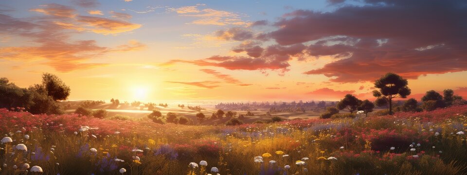 Wildflower meadow at golden hour photo realistic illustration - Generative AI.
