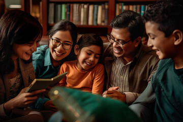 Close-Up of Joyful South East Asian Family on Couch - obrazy, fototapety, plakaty