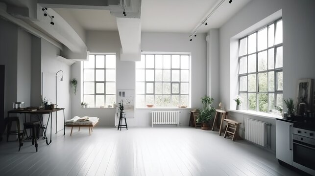 Photo studio interior with urban style and big white walls 