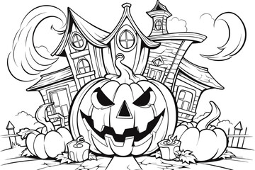 Vector coloring page or book for Halloween with spooky haunted mansion and pumpkins. Cute and scary outline drawing for holiday and kid