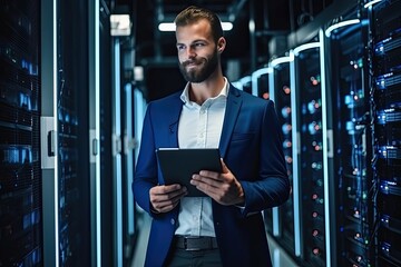 Handsome young businessman using digital tablet while standing in server room