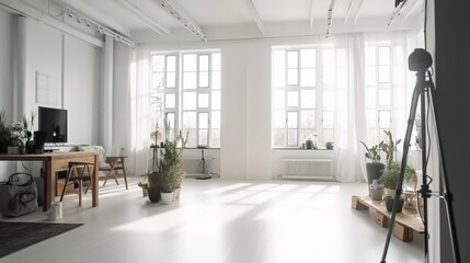 Naklejka na ściany i meble Scandinavian and minimalist style photo studio with flashes and spacious room 