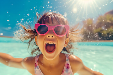 Portrait of young Chinese kid girl splashing around in an outdoor pool.
