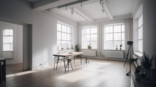 Scandinavian and minimalist style photo studio with flashes and spacious room 