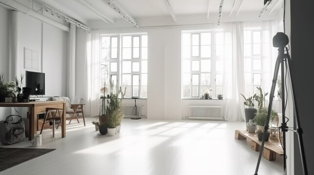 Scandinavian and minimalist style photo studio with flashes and spacious room 