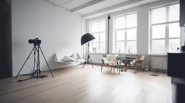 Photo studio interior with white walls and flashes