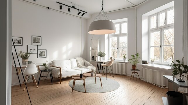 Photo studio interior with white walls and flashes