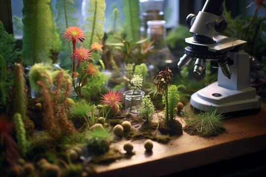 Plants in lab with microscope. Generative AI