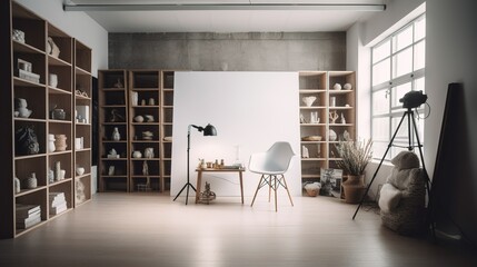 Scandinavian-style photography studio interior with white walls and bookshelf 