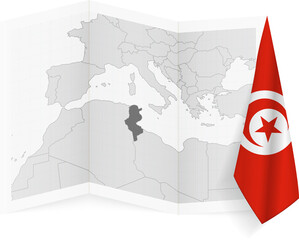 Tunisia grayscale map and hanging flag.