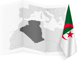 Algeria grayscale map and hanging flag.