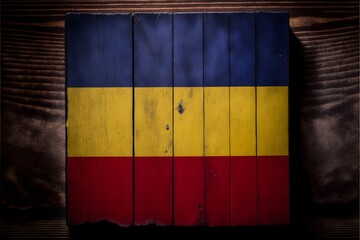 romania flag painted over a wood board heavy touches texture intricate details 8k cinematic light 