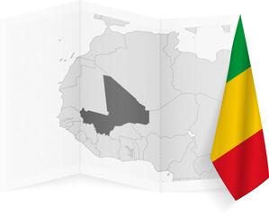 Mali grayscale map and hanging flag.