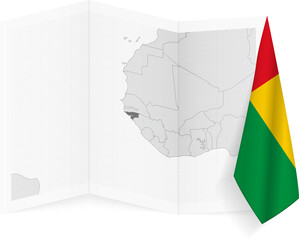 Guinea-Bissau grayscale map and hanging flag.