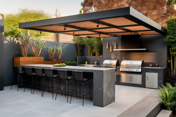 outdoor patio entertainment area with a built - in barbecue and a bar setup - obrazy, fototapety, plakaty