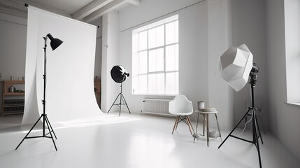 Cozy and minimalist office style photographer studio with flash 