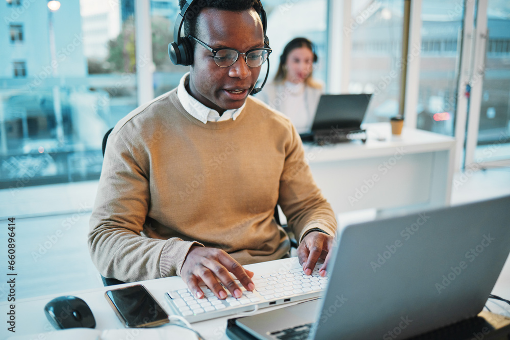Poster business man, call center and typing on computer for communication, customer support and advice in w