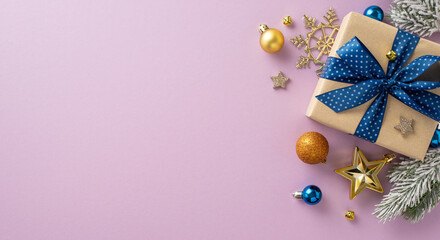 Cozy Christmas atmosphere: Top view image of elegant giftbox, shimmering baubles, snowflake, and glistening stars amidst frost-kissed fir branch on pastel purple background, awaiting your text or ads