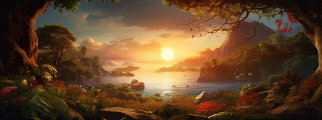Dense jungle at sunset photo realistic illustration - Generative AI.