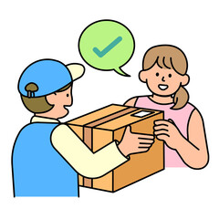 Woman checking products from the delivery man simple vector illustration.